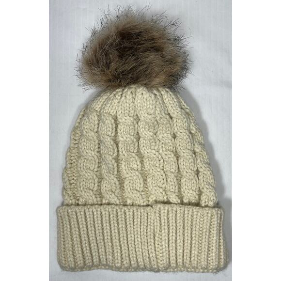 Beige Knit Brown Pom Pom Folded Beanie Unisex Adult One Size - Picture 2 of 4